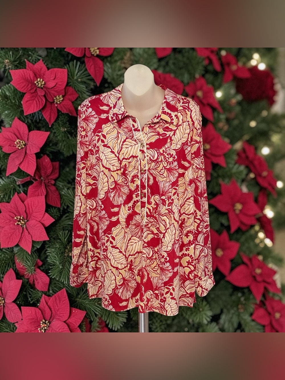 Lilly Pulitzer Givana UPF 50+ Tunic Top Poinsettia Red Island Vibes L Christmas